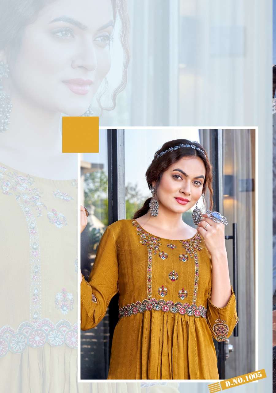 MORNI VOL 1 BY KOODEE BRAND PRESENTS HEAVY RAYON DOBBY HANDWORK, EMBROIDERY AND KHATLIWORK DESIGNER NAYRA STYLE KURTI-1005-C (2)